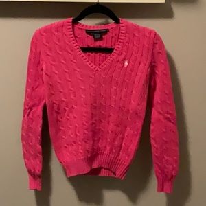 Ralph Lauren Sport S Pink CableKnit V-Neck Sweater Blue Polo Pony Logo 1576R